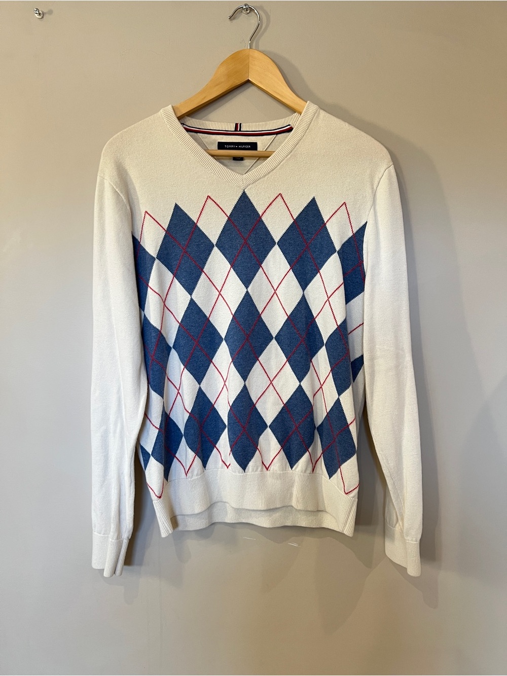 Tommy Hilfiger White V-Neck Sweater with Blue and Red Argyle